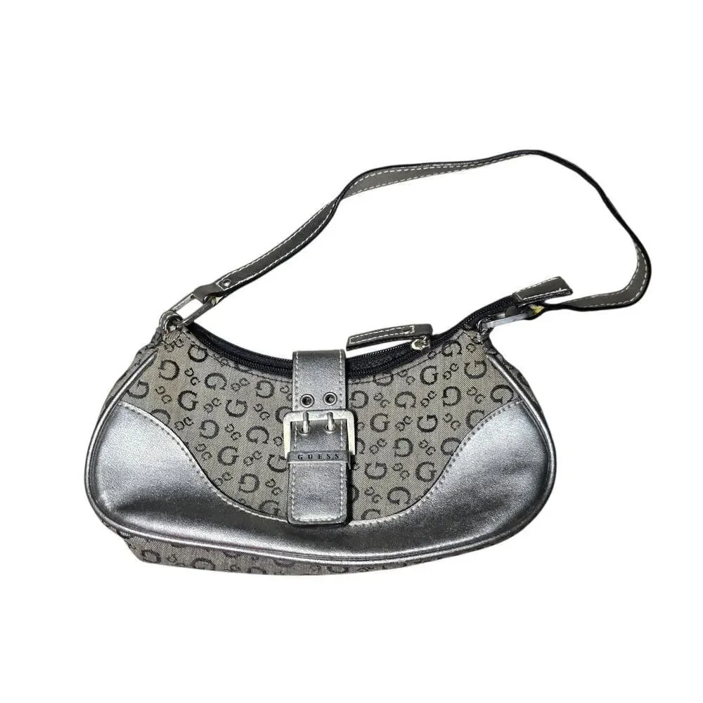 Y2K GUESS Mini Shoulder Bag Grey Monogram Buckle Detail Vintage 2000s McBling